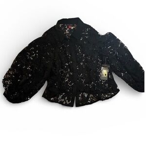 Vince Camuto Blouse Womens XL Black Lace Button-Down Blouse Solid Spread Collar